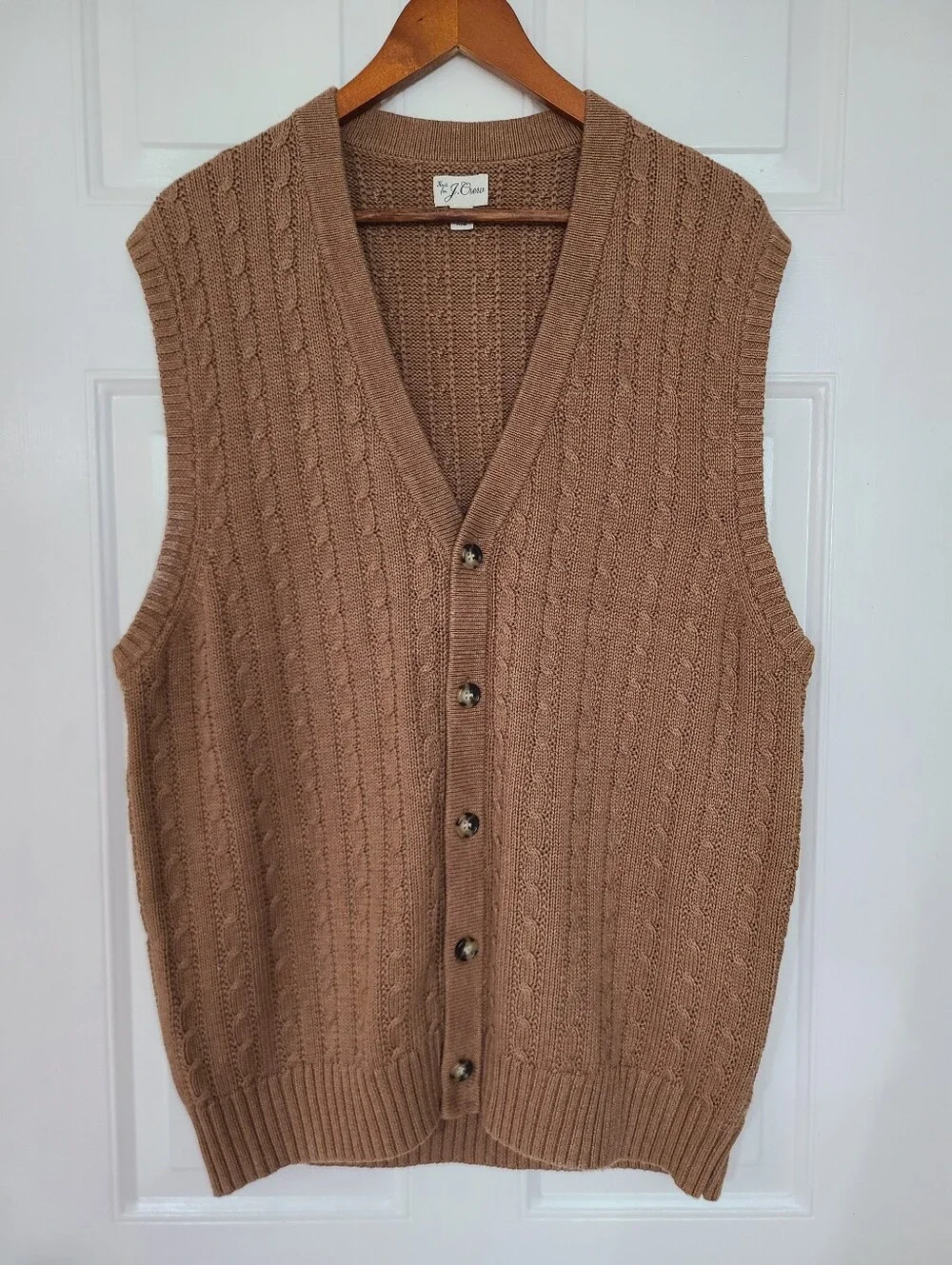 J Crew Men's Heritage Cotton Cardigan Sweater Vest Cable Knit Size L Camel Brown
